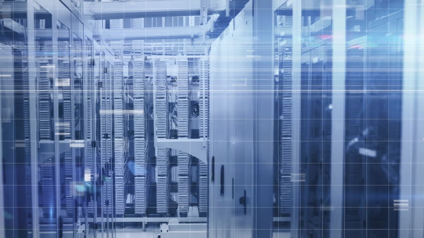 Rows of servers in data center with digital overlay animation. Technology, data storage, network, infrastructure, cybersecurity, information - Powered by Shutterstock - Get 15% off with code: PIKWIZARD15