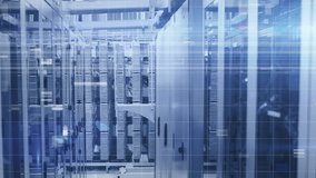 Rows of servers in data center with digital overlay animation. Technology, data storage, network, infrastructure, cybersecurity, information - Powered by Shutterstock - Get 15% off with code: PIKWIZARD15