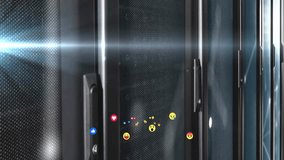 Animation of social media reactions floating in front of server racks in data center. Technology, digital, networking, infrastructure, cloud, communication - Powered by Shutterstock - Get 15% off with code: PIKWIZARD15