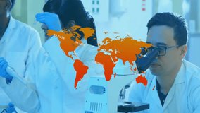 Scientists in laboratory working with world map and data overlay animation. Research, technology, innovation, data analysis, digital, global - Powered by Shutterstock - Get 15% off with code: PIKWIZARD15