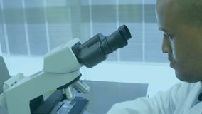 In laboratory, scientist using microscope with animation of digital data overlay. Science, research, biotechnology, innovation, data analysis, technology - Powered by Shutterstock - Get 15% off with code: PIKWIZARD15