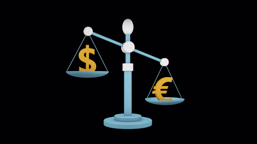 Dollar and euro signs balancing on scales