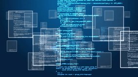 Data processing animation with floating digital code and numbers on blue background. Technology, cyberspace, network, binary, programming, futuristic - Powered by Shutterstock - Get 15% off with code: PIKWIZARD15