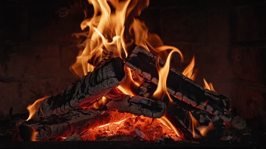 Slow Motion of Hot Embers in Fireplace , Close-up