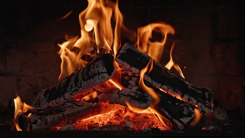 Slow Motion of Hot Embers in Fireplace , Close-up