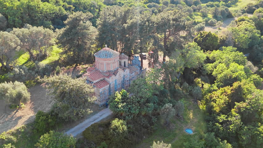 Aerial view old church Holy Virgin Mary Krena on Chios island, Greece
