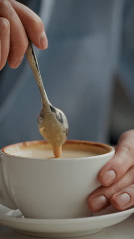 Female hands gently stir a rich cappuccino with a metal spoon, enjoying a cozy moment in a coffee shop while savoring the warm beverage surrounded by a relaxed atmosphere