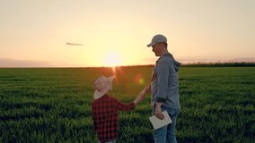 Father son shaking hands on field. Father child walk on field, sky sunset. Family farming business. Kid boy, dad go together, field corn sprouts. Agricultural industry. Growing corn, organic food - Powered by Shutterstock - Get 15% off with code: PIKWIZARD15