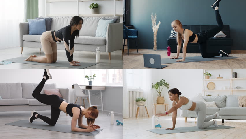 Various individuals perform athletic exercises indoors in a home setting. They focus on fitness routines showcasing strength, flexibility, and healthy lifestyle choices in a cozy environment.