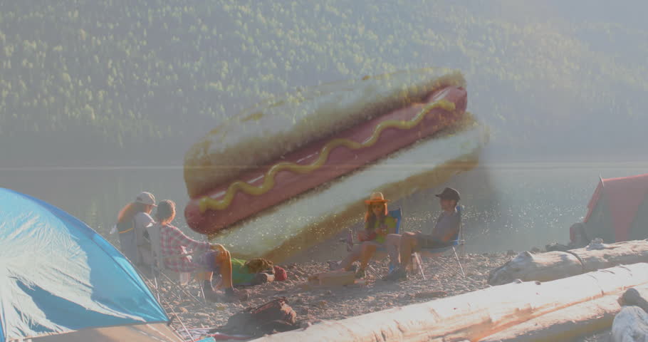 Hot dog with mustard animation over people relaxing by lakeside campsite. Camping, outdoors, leisure, nature, relaxation, summer