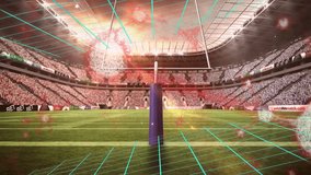 Blue geometric shape animation over soccer stadium with cheering crowd. Sport, football, game, digital, abstract, background - Powered by Shutterstock - Get 15% off with code: PIKWIZARD15