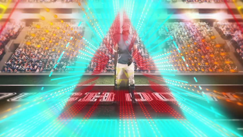 Touchdown text with vibrant digital animation over football field and cheering crowd. Celebration, sports, fans, stadium, excitement, competition