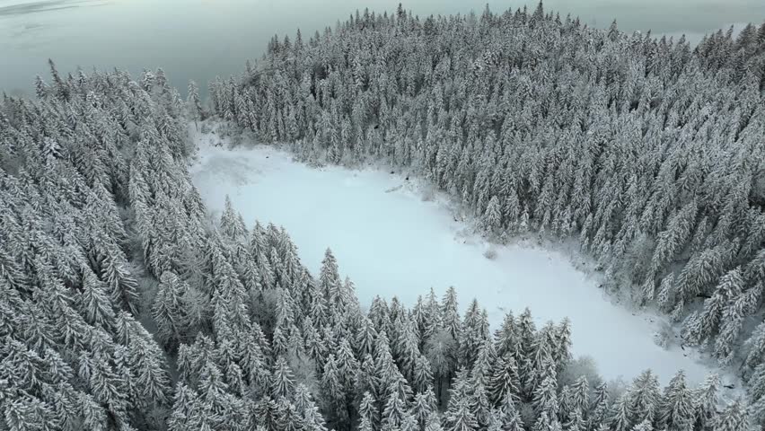 Frillensee, near Eibsee in Germany at the foot of Mount Zugspitze, offers a serene winter escape. Aerial views show the frozen lake, snow-covered trees, and the icy tranquility of the Bavarian Alps. 