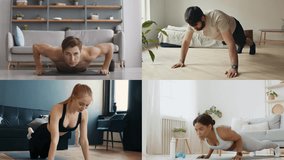 A diverse collection of individuals performing athletic exercises indoors. The setting highlights a healthy lifestyle with each person focused on their fitness routine in different home environments. - Powered by Shutterstock - Get 15% off with code: PIKWIZARD15