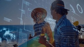 Two people drinking by ocean with digital world map overlay animation. Travel, leisure, vacation, technology, networking, connection - Powered by Shutterstock - Get 15% off with code: PIKWIZARD15