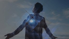 Animation of person with outstretched arms over geometric shapes under bright sky. Abstract, creativity, digital, conceptual, freedom, colorful - Powered by Shutterstock - Get 15% off with code: PIKWIZARD15