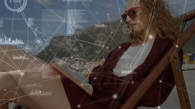 Woman reading on beach with network connections and data processing animation. Technology, digital, connectivity, leisure, analytics, innovation - Powered by Shutterstock - Get 15% off with code: PIKWIZARD15