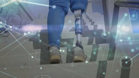 Person with prosthetic leg climbing stairs, digital network animation overlay. Technology, innovation, accessibility, mobility, progress, futuristic - Powered by Shutterstock - Get 15% off with code: PIKWIZARD15