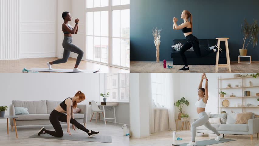 A collection of athletic individuals performing different workouts indoors, showcasing a variety of fitness activities in a modern home environment. The focus is on a healthy lifestyle.
