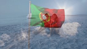 Sitting on beach, couple watching Portugal flag waving in animation background. Travel, vacation, relaxation, scenery, holiday - Powered by Shutterstock - Get 15% off with code: PIKWIZARD15