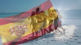 At beach, group of friends relaxing with Spanish flag animation overlay. Vacation, seaside, celebration, relaxation, friendship, travel - Powered by Shutterstock - Get 15% off with code: PIKWIZARD15