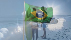 Waving Brazilian flag over surfers silhouetted on sunny beach with animation. surfing, summer, celebration, ocean, coast, recreation - Powered by Shutterstock - Get 15% off with code: PIKWIZARD15