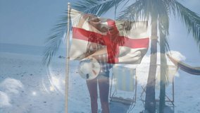 Holding soccer ball, person with England flag waving on tropical beach animation. Football, summer, vacation, celebration - Powered by Shutterstock - Get 15% off with code: PIKWIZARD15