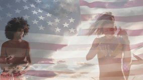 Animation of American flag overlay on sky during beach day with people. Patriotism, national, holiday, celebration, summer, outdoors - Powered by Shutterstock - Get 15% off with code: PIKWIZARD15
