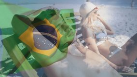 Sunbathing at beach, people with Brazilian flag overlay in summer attire animation. summertime, relaxation, patriotism, coastline, leisure, travel - Powered by Shutterstock - Get 15% off with code: PIKWIZARD15