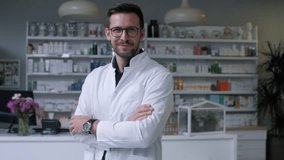 Professional pharmacist confidently standing in modern pharmacy, wearing white coat and glasses, smiling with arms crossed while representing healthcare expertise - Powered by Shutterstock - Get 15% off with code: PIKWIZARD15