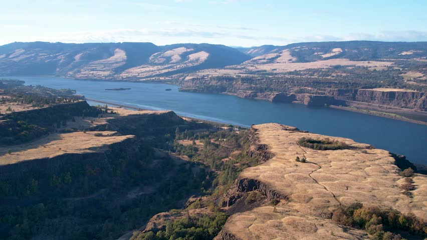 Aerial view of Rowena Crest in the Columbia River Gorge, Oregon.	