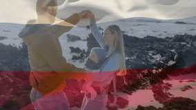 Family enjoying beach walk with baby overlaid by waving Russian flag animation. relaxing, vacation, parenting, bonding, coastal, summer - Powered by Shutterstock - Get 15% off with code: PIKWIZARD15