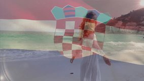 Walking on beach, woman with Croatian flag animation overlay in background. Travel, vacation, tourism, holiday, relaxation, national - Powered by Shutterstock - Get 15% off with code: PIKWIZARD15