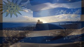 Uruguay flag with animation of social media statistics on beach with people relaxing. vacation, leisure, relaxation, analytics, data, metrics - Powered by Shutterstock - Get 15% off with code: PIKWIZARD15