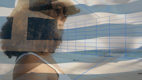 Wearing hat, woman smiling with Greek flag and beach in background. Travel, vacation, summer, patriotism, coastal, happiness - Powered by Shutterstock - Get 15% off with code: PIKWIZARD15