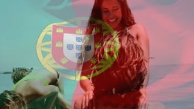 Couples walking on beach with Portugal flag animation in background. Travel, romance, holiday, vacation, Portuguese, coastline - Powered by Shutterstock - Get 15% off with code: PIKWIZARD15