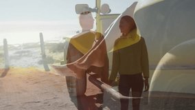 Walking on beach, couple holding seashell with animation of yellow vehicle. Vacation, travel, seaside, tropical, adventure, romance - Powered by Shutterstock - Get 15% off with code: PIKWIZARD15