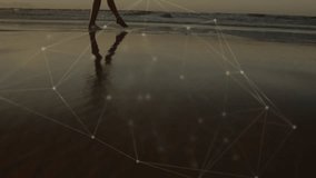Silhouette of person walking on beach with network connections animation overlay. Technology, connectivity, innovation, digital, futuristic, communication - Powered by Shutterstock - Get 15% off with code: PIKWIZARD15