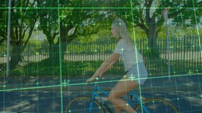 Riding bicycle with digital animation overlay, woman in outdoor setting. Cycling, technology, female, fitness, augmented reality, outdoors - Powered by Shutterstock - Get 15% off with code: PIKWIZARD15