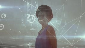 Child on beach, playing with animation of digital network connections overlay. Technology, connectivity, future, childhood, interactive, innovation - Powered by Shutterstock - Get 15% off with code: PIKWIZARD15