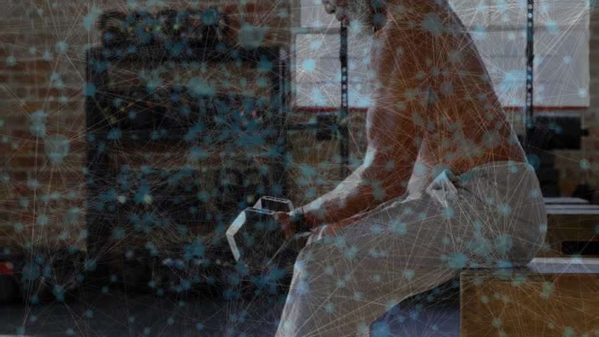 Man lifting dumbbell with network connections and data processing animation overlay. Fitness, exercise, technology, digital, innovation, workout - Powered by Shutterstock - Get 15% off with code: PIKWIZARD15