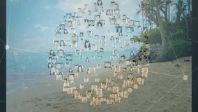 Animation of profile pictures forming globe on tropical beach background. technology, social media, connection, global, network - Powered by Shutterstock - Get 15% off with code: PIKWIZARD15