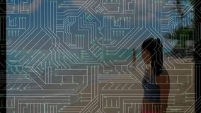 Walking outdoors, person with circuit board animation overlay, technology concept. innovation, digital, future, connectivity, cyber, electronics - Powered by Shutterstock - Get 15% off with code: PIKWIZARD15