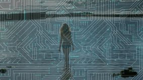 Silhouette of person in water with circuit board pattern overlay animation. Technology, innovation, futuristic, digital, electronics, network - Powered by Shutterstock - Get 15% off with code: PIKWIZARD15