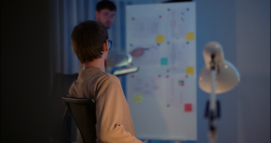 Startup team planning a tech project at night, using a whiteboard and tablet for brainstorming and strategy discussion in a modern office.