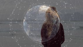 Standing on beach, person interacting with digital globe and network animation. Technology, connectivity, virtual, innovation, digital transformation, augmented reality - Powered by Shutterstock - Get 15% off with code: PIKWIZARD15