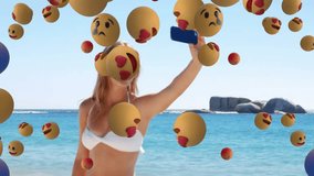 At beach, person using smartphone with floating smiling emojis animation. Holiday, vacation, technology, happiness, fun, digital - Powered by Shutterstock - Get 15% off with code: PIKWIZARD15