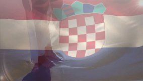 Waving Croatian flag with sunlight creating translucent effect against sky. Patriotism, national pride, celebration, outdoors, freedom, symbolic - Powered by Shutterstock - Get 15% off with code: PIKWIZARD15