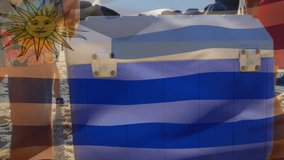 Uruguay flag animation over people carrying cooler on sunny beach. vacation, summer, friends, leisure, celebration, relaxation - Powered by Shutterstock - Get 15% off with code: PIKWIZARD15
