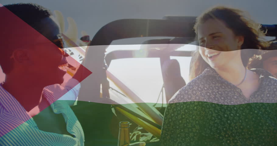 Riding with translucent flag overlay, two people experiencing animation effects. Motion graphics, digital art, creativity, teamwork, collaboration, technology